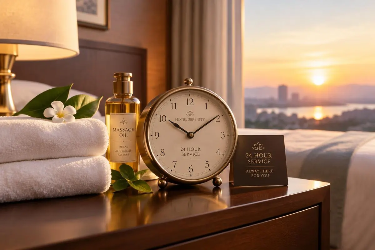 24-Hour Massage in Las Vegas – Bedside clock with spa towels and massage oil at sunrise, ready for service any hour. Mobile Asian Massage LV therapist providing professional wellness massage.