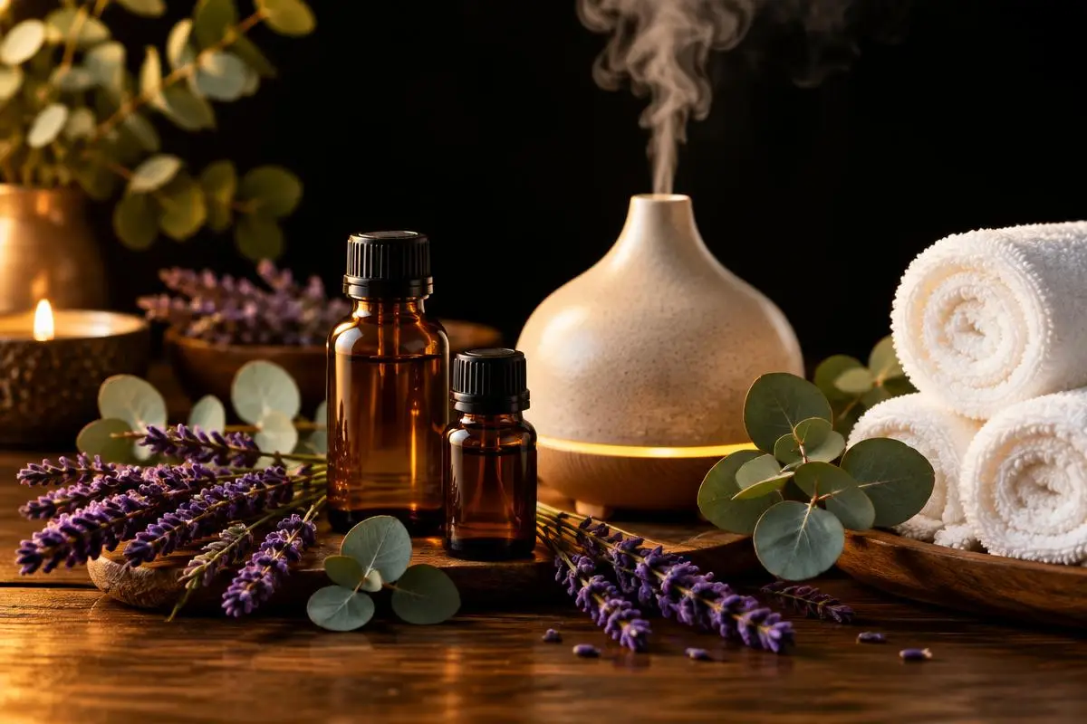 Aromatherapy Massage in Las Vegas – Lavender, eucalyptus, essential oil bottles and an aroma diffuser beside rolled white towels. Mobile Asian Massage LV therapist providing professional wellness massage.