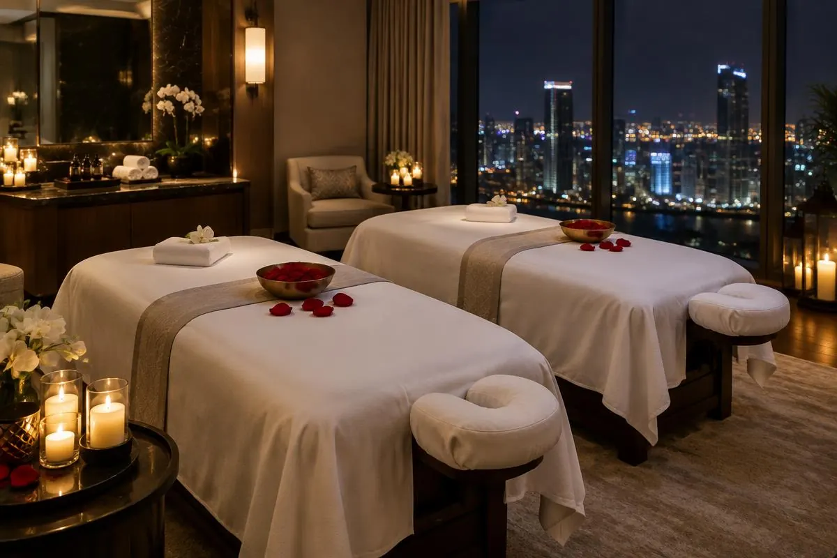 Couples Massage in Las Vegas – Two massage tables side by side in a candlelit Las Vegas hotel suite. Mobile Asian Massage LV therapist providing professional wellness massage.