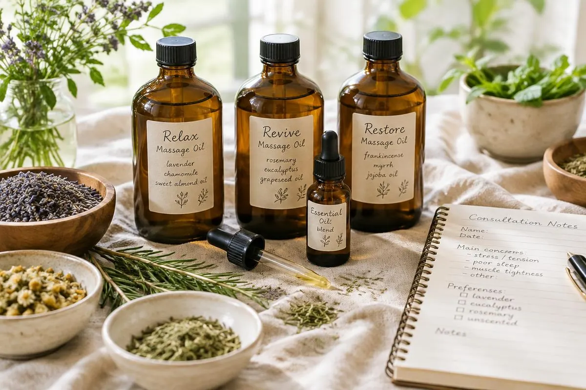 Customized Massage in Las Vegas – Selection of massage oil blends, herbs and consultation notes for a personalized session. Mobile Asian Massage LV therapist providing professional wellness massage.