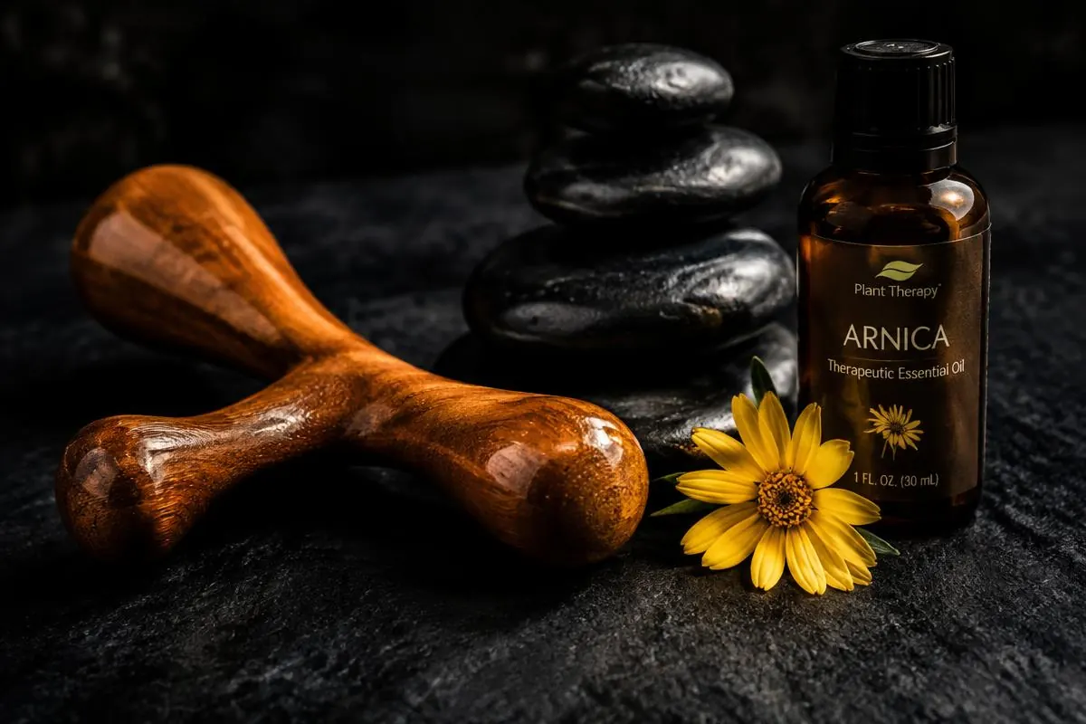 Deep Tissue Massage in Las Vegas – Wooden trigger point tool, basalt stones and arnica oil used for deep tissue therapy. Mobile Asian Massage LV therapist providing professional wellness massage.