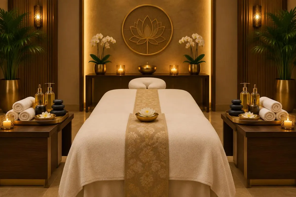Four-Hands Massage in Las Vegas – Single massage table with matching therapist stations on both sides for two therapists. Mobile Asian Massage LV therapist providing professional wellness massage.