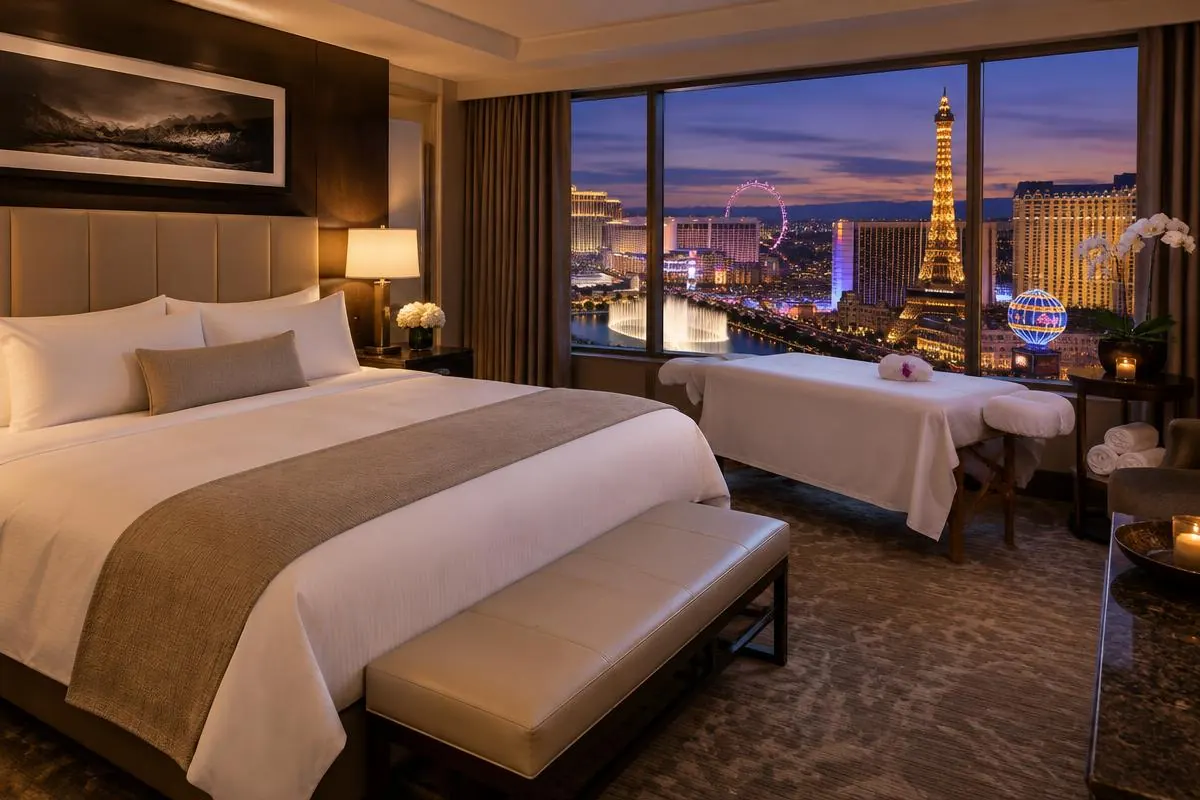 Hotel Room Massage in Las Vegas – Massage table beside the window of a Strip hotel room overlooking the Bellagio fountains. Mobile Asian Massage LV therapist providing professional wellness massage.