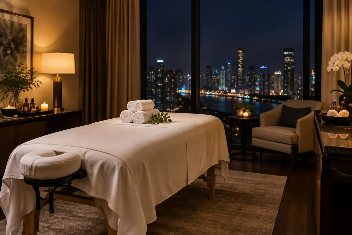 In-Room Massage in Las Vegas – Professional massage table prepared with white linens in a Las Vegas hotel suite at night. Mobile Asian Massage LV therapist providing professional wellness massage.