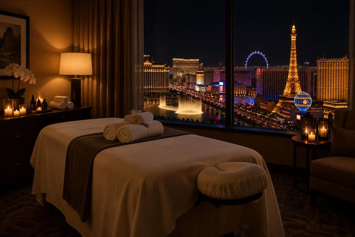 Late-Night Massage in Las Vegas – Candlelit massage table in a hotel room with the Las Vegas Strip lit up at night. Mobile Asian Massage LV therapist providing professional wellness massage.