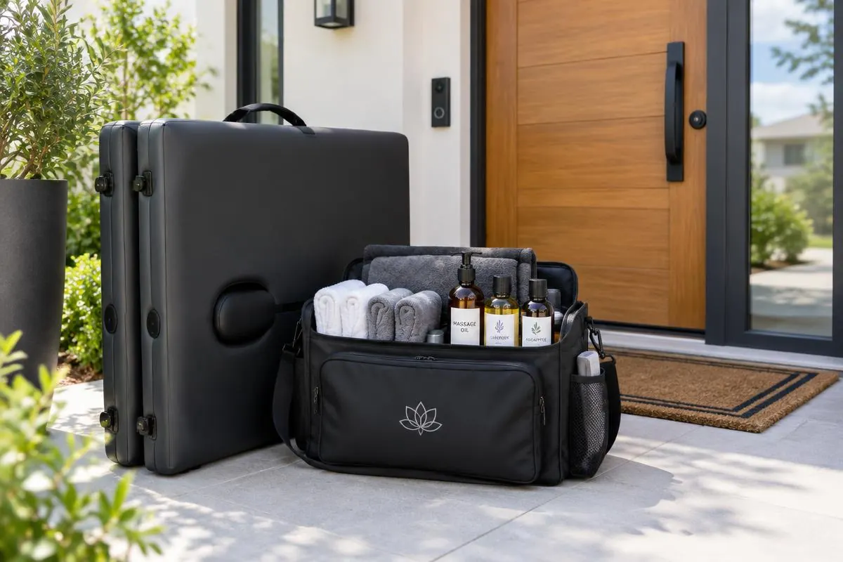 Mobile Massage in Las Vegas – Portable massage table and therapist kit with towels and oils arriving at a Las Vegas home. Mobile Asian Massage LV therapist providing professional wellness massage.