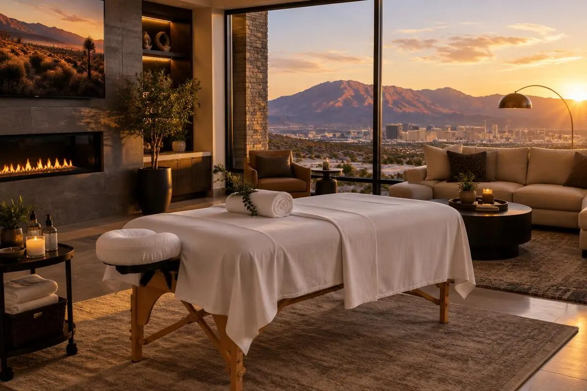 Outcall Massage in Las Vegas – Massage table set up in a Las Vegas living room with desert mountain views at sunset. Mobile Asian Massage LV therapist providing professional wellness massage.