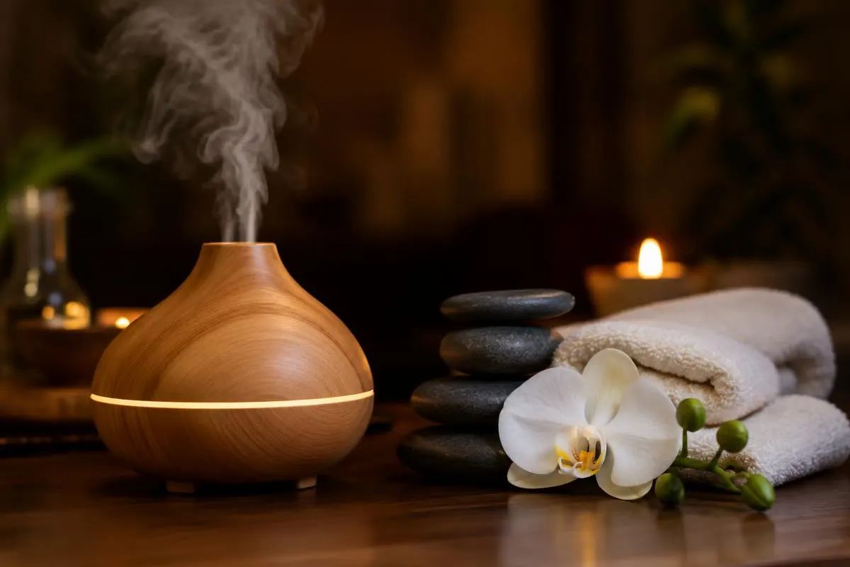 Relaxation Massage in Las Vegas – Aromatherapy diffuser, warm stones, orchid and soft towels for a calming session. Mobile Asian Massage LV therapist providing professional wellness massage.