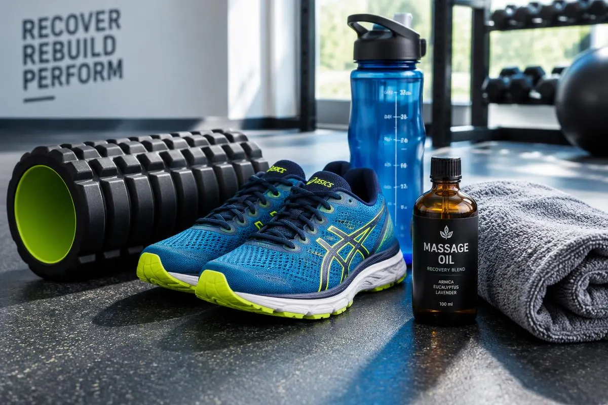 Sports Massage in Las Vegas – Foam roller, running shoes and recovery massage oil for athletic recovery. Mobile Asian Massage LV therapist providing professional wellness massage.