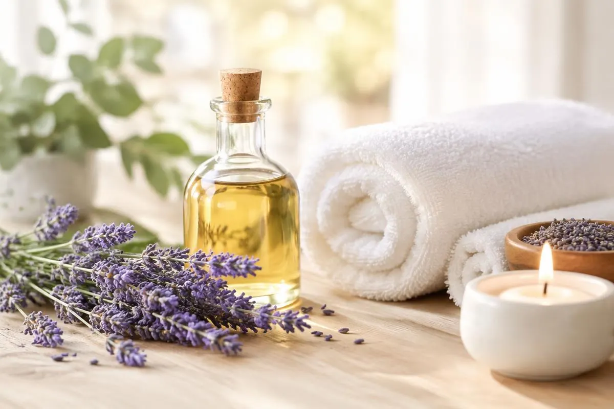 Swedish Massage in Las Vegas – Lavender, massage oil and rolled white towels prepared for a Swedish massage. Mobile Asian Massage LV therapist providing professional wellness massage.