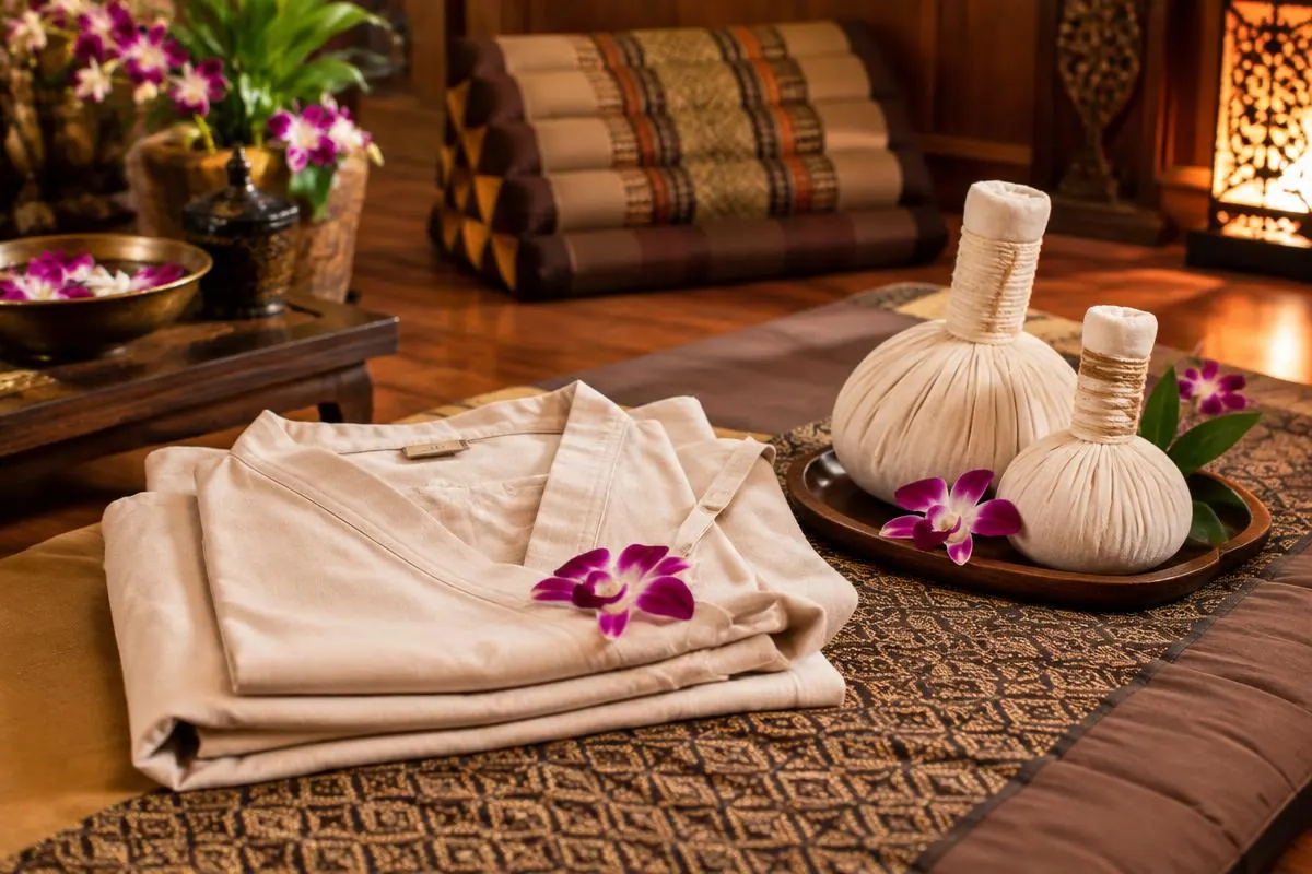 Thai-Inspired Stretch Massage in Las Vegas – Herbal compress balls, comfortable cotton clothing and a padded mat for stretch massage. Mobile Asian Massage LV therapist providing professional wellness massage.